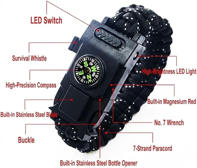 Outdoor Survival Wristband – Tactical Paracord Band with LED Light, Compass, Fire Starter, Whistle & Multitool for Camping, Hiking, and Emergency EDC