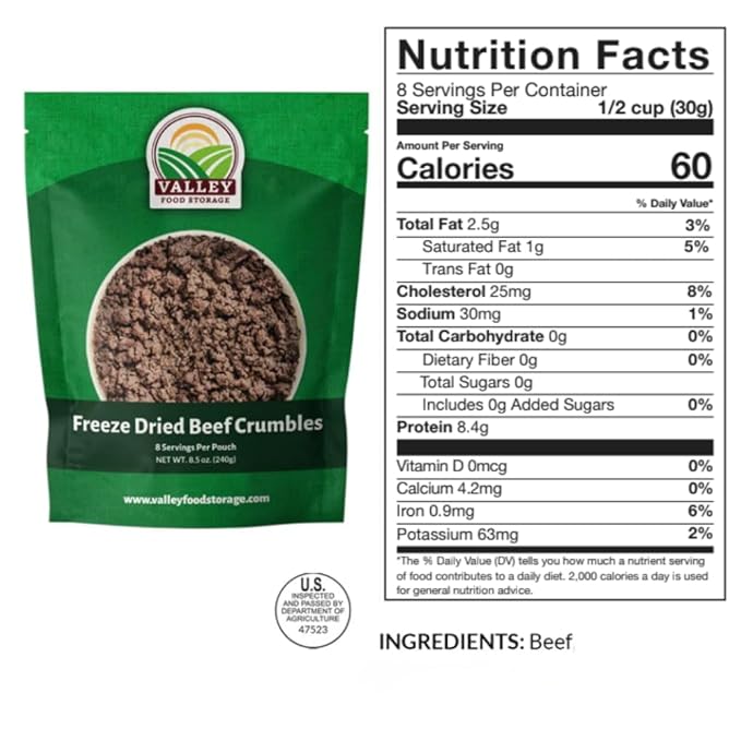 Valley Food Storage Freeze Dried Beef & Rice | 68 Serving Emergency Food Supply, 924g Protein | Non-GMO Survival Meals with 25 Year Shelf Life | Long Term Food Storage, Camping & Prepper Supplies