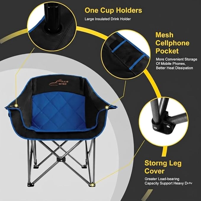 FAIR WIND Oversized Padded Camping Chair Heavy Duty Quad Fold Arm Chair Portable for Outdoor - Support 500LBS, Blue