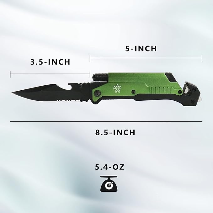 Valentine‘s & Birthday Gift for Men- Green All-in-One Survival Pocket Folding Knife with Fire Starter & Flashlight for Him, Husband, Boyfriend, Father - Multi-Tool for Camping & Emergency