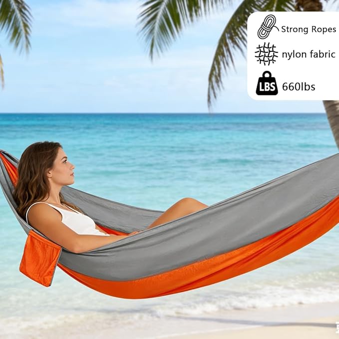 Camping Hammock, Portable Hammocks with Tree Straps & Attached Carry Bag, Travel Tree Hammocks for Outside Indoor Hiking Beach Backpack Travel(Orange, Nylon)