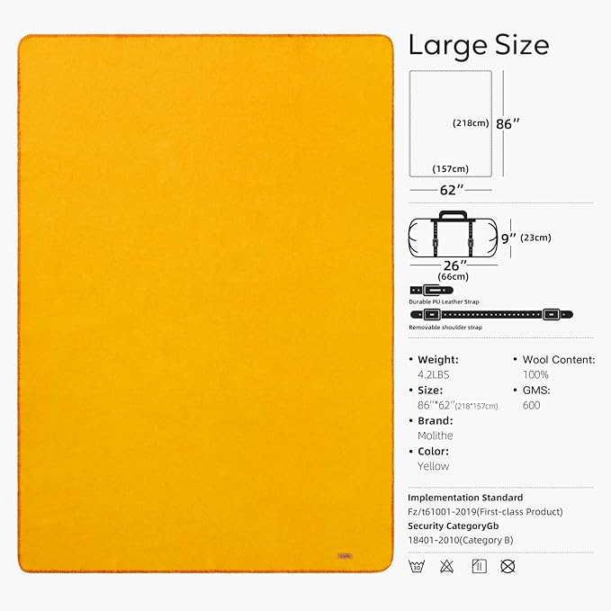 Molithe 100% Wool Blanket, 62" x 86", Warm, Thick, Washable, Military Wool Blanket, Great for Camping, Outdoors, Sporting Events, Survival Kits, Yellow