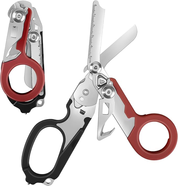 6in1 Trauma Shears, Stainless Steel Pocket Scissors Glass Breaker Emergency Medical Trauma Scissors,Outdoor Camping Tools Multi-function Shears (Black Red)