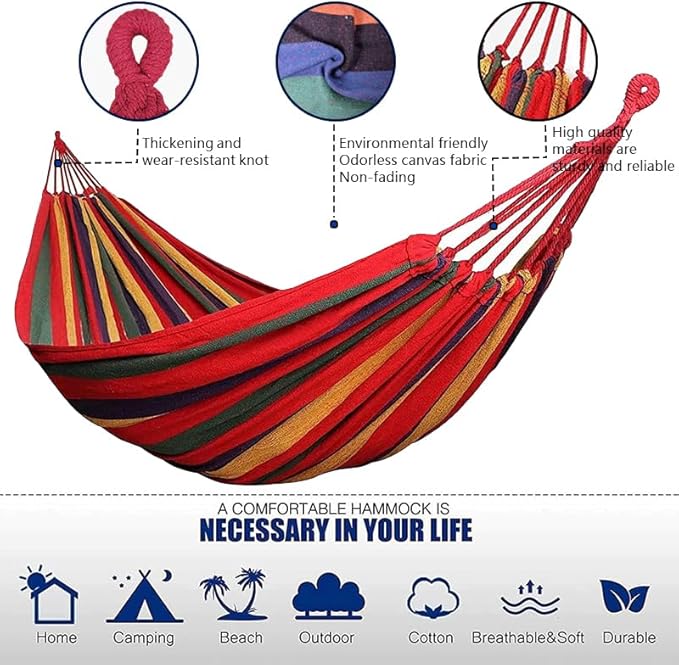 Cotton Canvas Hammock, Comfortable Fabric Camping Hammock with Tree Straps, Up to 440lbs with Travel Bag for Camping Outdoor/Indoor Patio Backyard(Rainbow, Without bar)