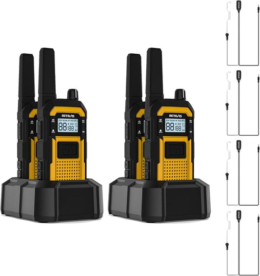 Retevis RB48 Walkie Talkies Long Range, MIL-STD 810H Heavy Duty Two Way Radios with Earpiece, IP67 Waterproof, 2000 mAh, Dual PTT, Vibration Call, 2 Way Radio for Jobsite (4 Pack)