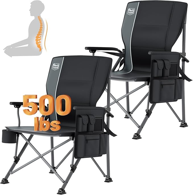 TIMBER RIDGE Oversized Folding Camping Chair with Lumbar Support Adjustable High Back Heavy Duty for Adults Aluminum Support up to 500lbs with Cup Holder, Cooler Bag, Side Pocket, 2 Pack