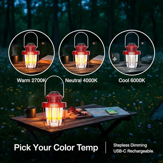 HOMY Vintage Camping Lantern Premium Metal LED Rechargeable Dimmable Warm Light for Glamping, Patio, Home Decor Retro Portable Tent Lamp