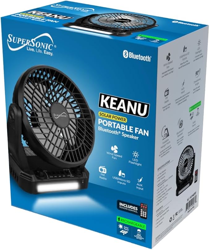 Supersonic SC-1076ERF Solar Powered Portable Fan with 6-Inch Fan Diameter, Adjustable 3 Wind Speed, Foldable Hanger Hook, LED Flashlight, Bluetooth, FM Radio, AUXUSB/mSD Inputs