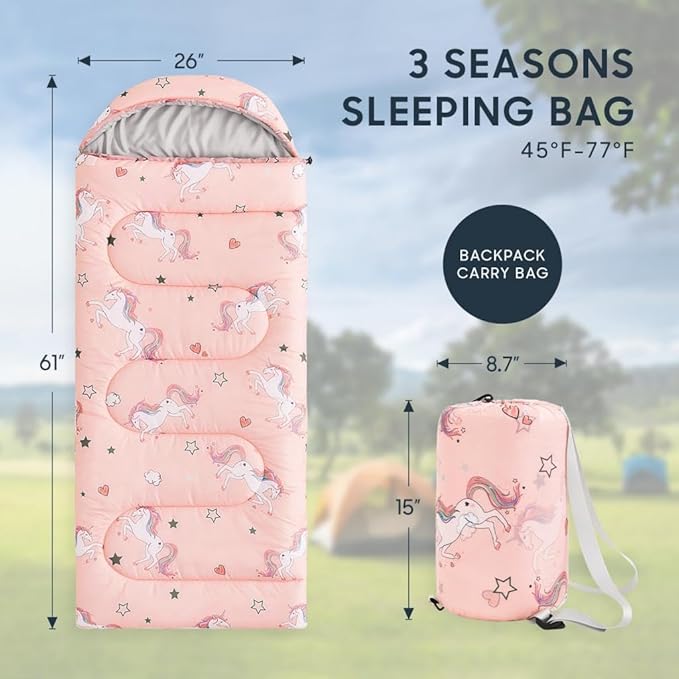 Wake In Cloud - Kids Sleeping Bag for Girls Toddlers, Camping in Warm Cold Weather, Backpacking Lightweight Compact Outdoor Liner for 3 Seasons, Unicorns Stars Hearts
