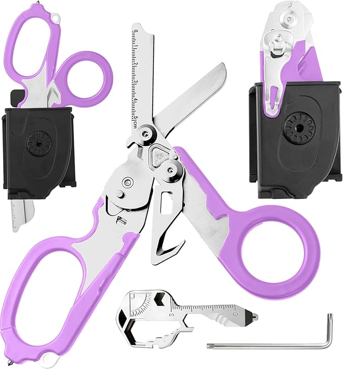 Heavy Duty 6 in 1 Multipurpose Emergency Trauma Shears Scissors with Holster, Outdoor Camping Rescue Tools with Glass Breaker, Strap Cutter Stainless Steel Foldable Scissors Pliers