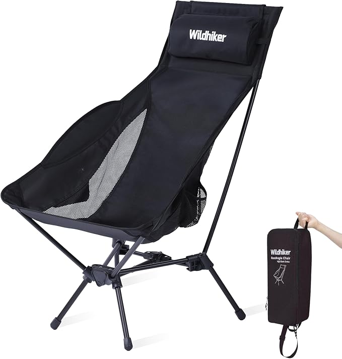Wildhiker Portable Compact Folding Camping Chairs – Lightweight High Back with Pillow, Deep Recline, ArmPads, Side Pockets-for Motorcycle, RV, Backpacking, Travel, Festival – Black