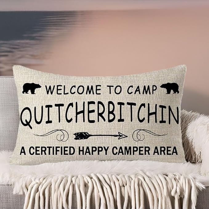 Welcome to Camp Life is Best When You are Camping Wild Life Animal Bear Decorative Throw Pillow Cover Cushion Case Cotton Linen Lumbar for Outdoor Sofa Bed Couch 12X20 inches (Beige 02)