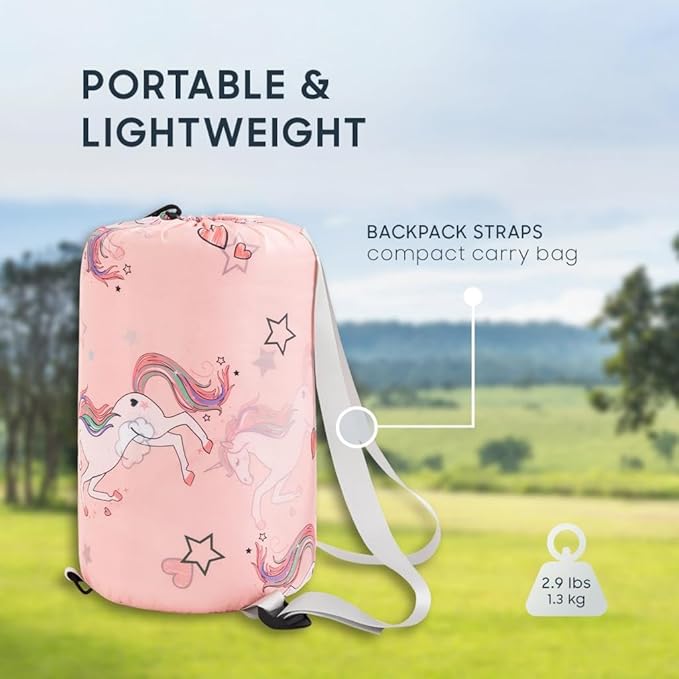 Wake In Cloud - Kids Sleeping Bag for Girls Toddlers, Camping in Warm Cold Weather, Backpacking Lightweight Compact Outdoor Liner for 3 Seasons, Unicorns Stars Hearts