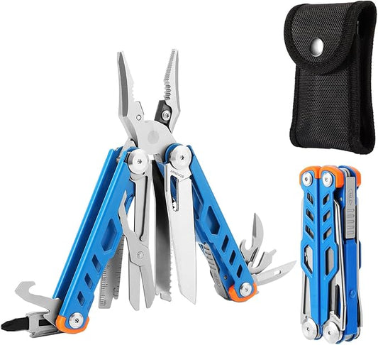 Multitool 15-in-1 Stainless Steel Multi Tool Pliers with Knife, Spring-Action Pliers and Scissors, Multitool for Survival, Camping, Hiking, Gifts for Men (Blue)