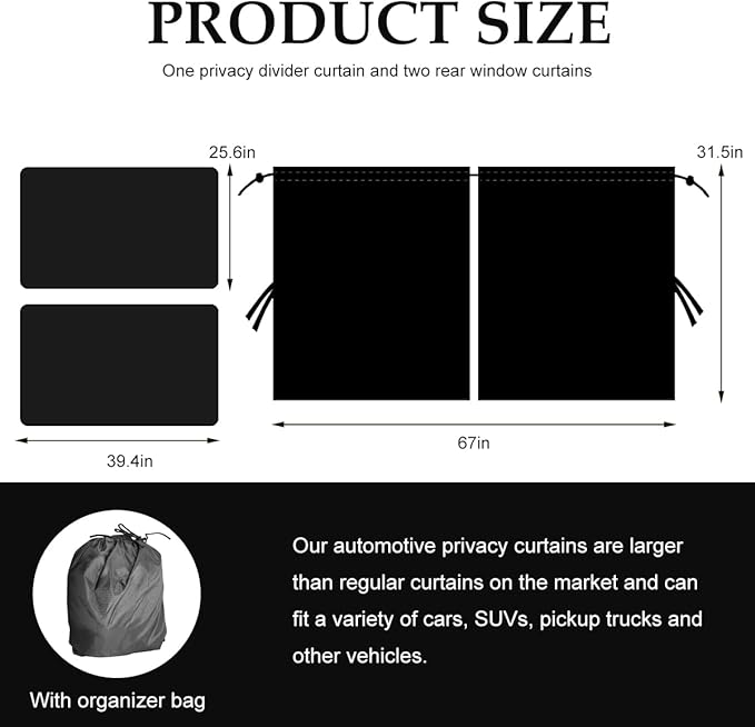 3PCS Car Privacy Curtain, Vehicle Blackout Divider Curtain with 2 Rear Side Window Shades, Car Sunshade Screen Cover Blocks Light for Sleeping Camping Fit Sedan SUV Truck