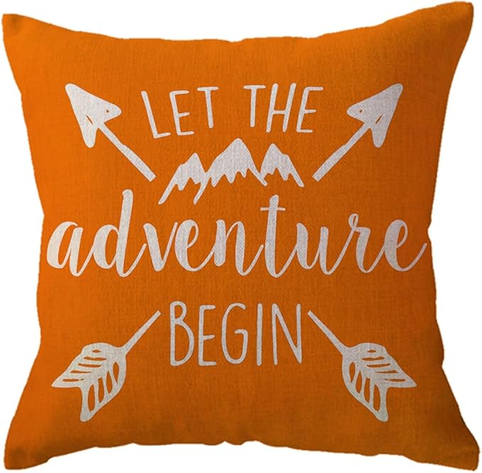 ULOVE LOVE YOURSELF Adventure Arrow Throw Pillow Covers Mountain Forest Pillowcases 18 x 18 Inch Let The Adventure Begin Decorative Cushion Covers for Cabin/Camper (Orange)