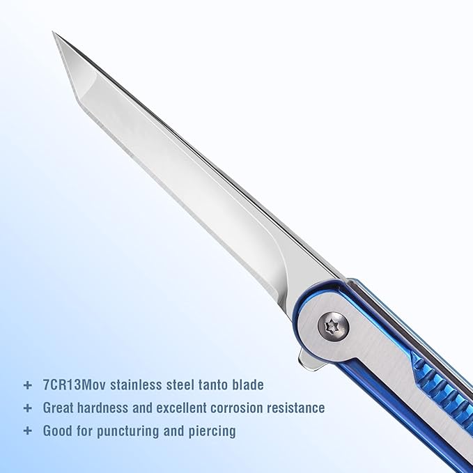 FUNBRO EDC Pocket Knife for Womens, Tanto Folding Knives with 7CR13Mov Stainless Steel Blade, Cool Survival Knife with Clip, Window Breaker, Flipper Open and Liner Lock for Outdoor Camping (Blue)