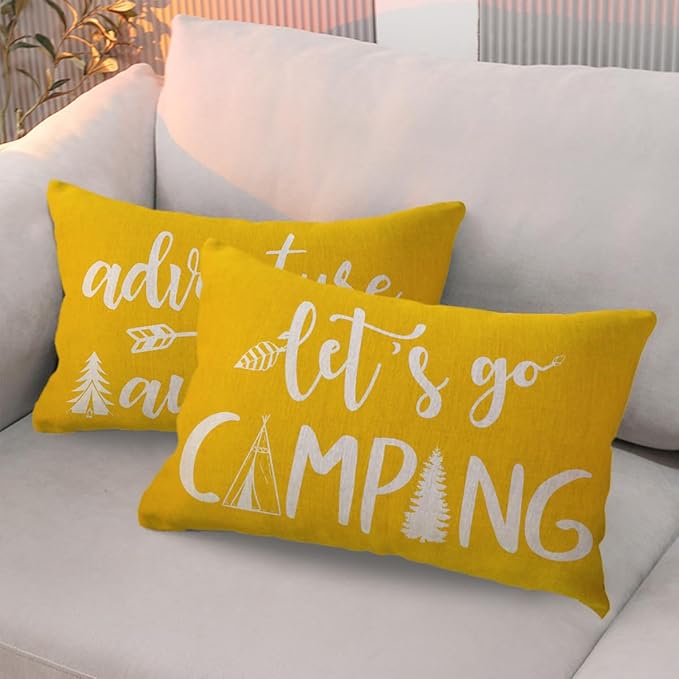 Adventure Camper Decorative Lumbar Pillowcase Double-sided Let’s Go Camping/Adventure Awaits Throw Pillow Covers Cabin/Camper Cushion Covers 12x20,2Pack for Sofa/Couch/Porch (Yellow)