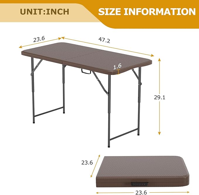 FDW 4FT Folding Table Half Portable Foldable Table Picnic Table for Office Home Camping Party (Brown Ratten)