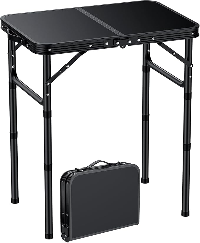 EYPINS Folding Camping Table Portable - Pure Black Aluminum 22.8x15.7'',3 Height Adjustable Small Outdoor Folding Table,Waterproof Lightweight Table with Carry Handle for Picnic,Cooking,BBQ,Beach