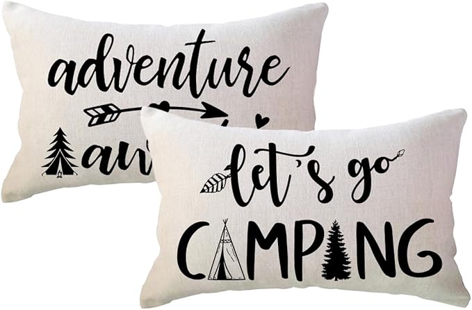 Adventure Camper Decorative Lumbar Pillowcase Double-sided Let’s Go Camping/Adventure Awaits Throw Pillow Covers Cabin/Camper Cushion Covers 12x20,2Pack for Sofa/Couch/Porch (Beige)