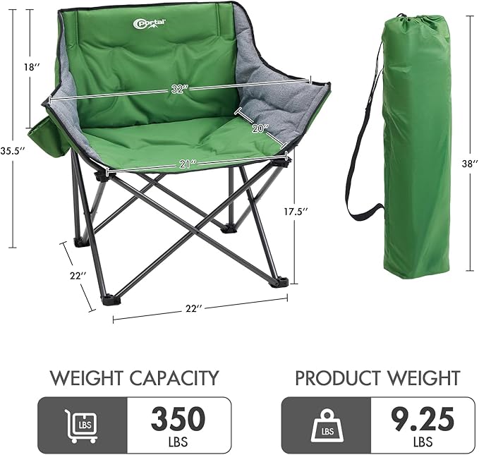 Portal 32" Oversized Camping Chair, Foldable Heavy Duty 350 lb Padded Ergonomic Seat for Big & Tall Adults, Pinch-Free Extra Wide Design Featuring Cup Holder & Carry Bag for Fishing, Lawn & Sidelines