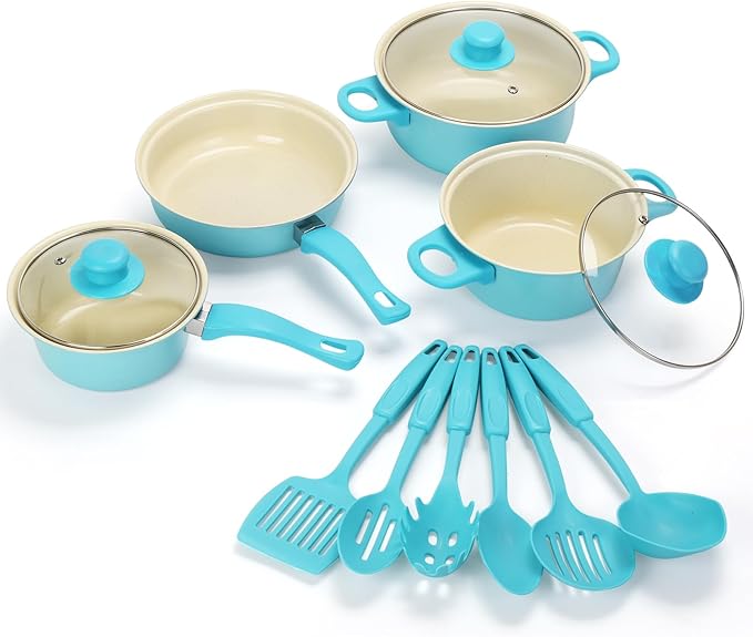 Non-Stick Cookware Set, Portable Lightweight Cast Iron Pots and Pans with Glass Lids and Nylon Utensils - 13 Piece Set, Outdoor Camping Picnic Travel（Blue）