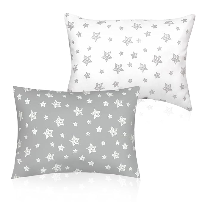 Biloban Toddler Pillow for Sleeping, Kid Pillow 14" x 19" for Small Travel Bed, Nap Pillows, Soft & Skin-Friendly Small Pillows for Sleeping, Toddler Use Only, Age 2 to 5, (White & Grey Star)