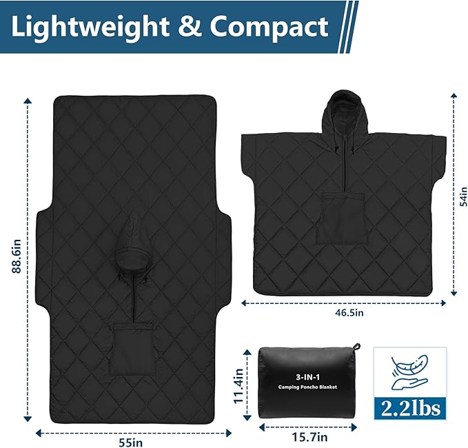 Camping Outdoor Blanket, Ultralight Down Alternative Printed Travel Camp Blankets for Sleeping Packable Waterproof Puffy Quilt for Hammock Picnic Stadium Beach Cold Weather (Black Blanket Poncho)