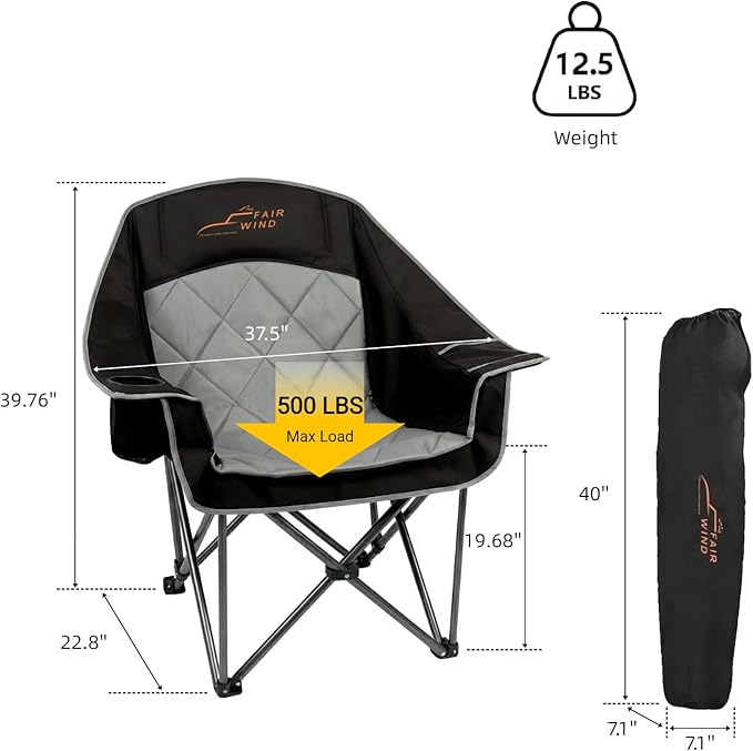 FAIR WIND Oversized Padded Camping Chair Heavy Duty Quad Fold Arm Chair Portable for Outdoor - Support 500LBS, Black