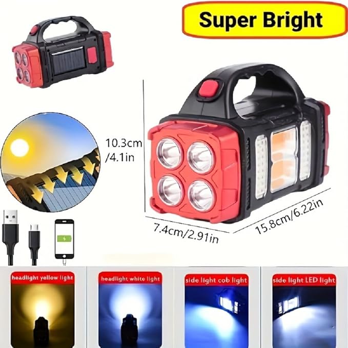 IFTHFOUR High Lumens Solar Flashlight - LED Work Light with USB-C Rechargeable, Waterproof, Multi-Function Flashlight & Lantern for Camping, Emergencies, and Outdoor(RED)