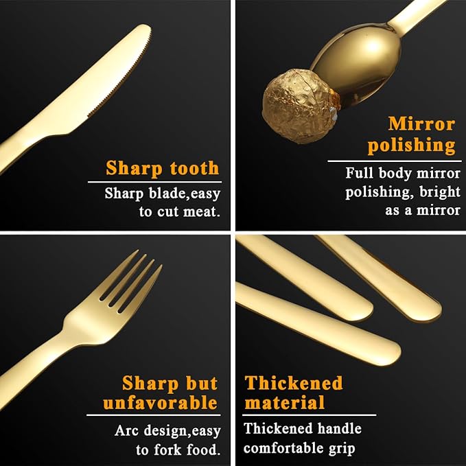 Evanda 3 Piece Portable Silverware Set, Include Knife Fork Spoon, Gold Titanium Plating Camping Cutlery Set With Black Bag, For Home Kitchen Camping Travel, Dishwasher Safe