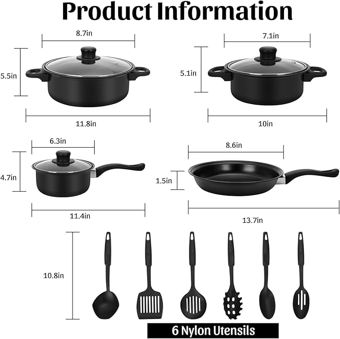 Non-Stick Cookware Set, 13 Piece Set Portable Lightweight Cast Iron Pots and Pans with Glass Lids and Nylon Utensils for Outdoor Camping Picnic Travel Cookware Black