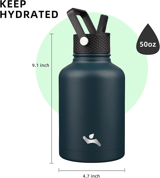Konokyo Insulated Water Bottle with Straw,50 oz 3 Lids Water Jug with Carrying Bag,Paracord Handle,Double Wall Vacuum Stainless Steel Metal Flask,Navy Blue