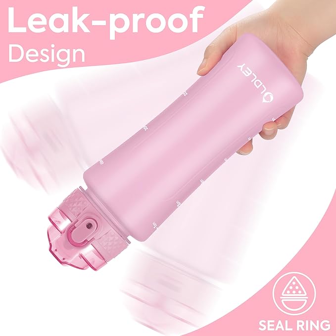 OLDLEY Kids Water Bottle with Straw 15 oz BPA-Free Leak-Proof Motivational Water Bottles with Time Marker for School Sports Travel Gym, Easy to Use for Girls Goys, 1 Straw Lid, Candy Pink