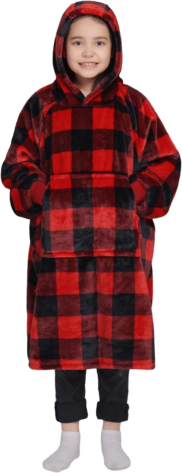 Waitu Wearable Blanket for Kids, Wearable Blanket Hoodie Gifts for Teens Girls and Boys, Warm Blanket Sweatshirt for Teenage, Hoodie Blanket with Sleeves - Red and Black Plaid