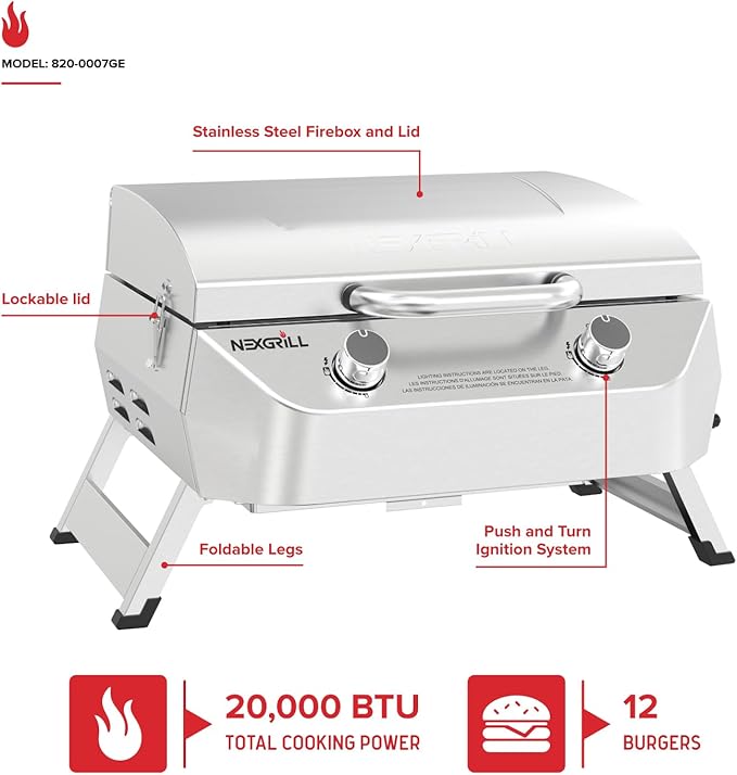 Nexgrill Stainless Steel 2-Burner Portable Gas Grill with Locking Lid, Folding Legs, 20,000 BTUs, 251 SQ In Cooking Space, Tabletop Grill for Camping, Outdoor Cooking, Patios, and More - 820-0007GE