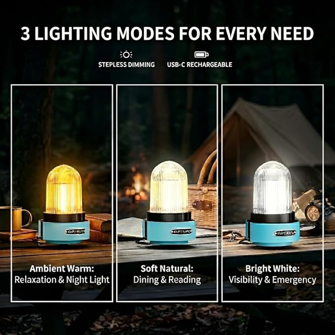 HOMY Rechargeable Camping Lantern, USB-C Dimmable Warm Light, IPX4 Waterproof, Emergency Lantern for Power Outages, Camping, Hiking