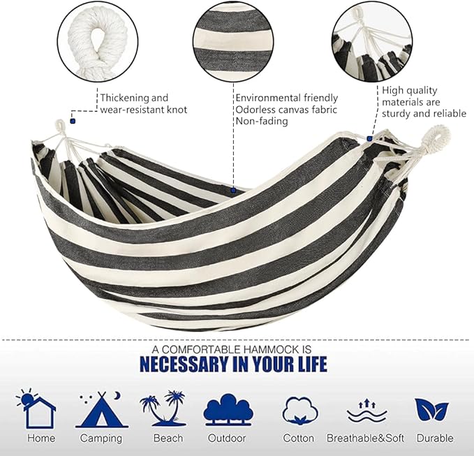 Cotton Canvas Hammock, Comfortable Fabric Camping Hammock with Tree Straps, Up to 440lbs with Travel Bag for Camping Outdoor/Indoor Patio Backyard(Black&White, Without bar)