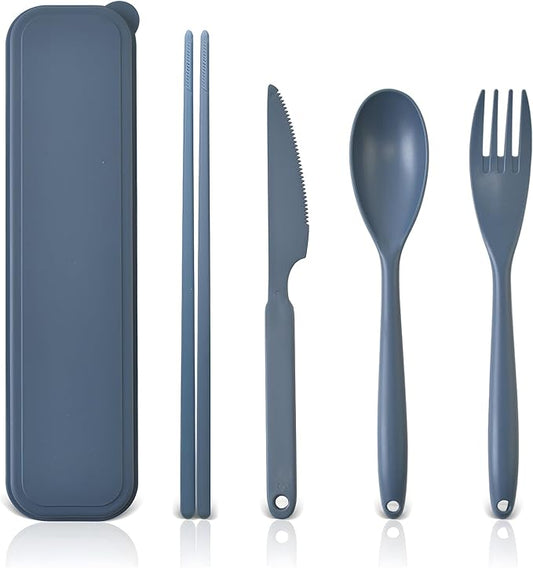 Large Reusable Travel Utensils Set with Case, Plastic Set for Adults Travel Picnic Camping, Portable Flatware Cutlery Set with Chopsticks for Daily Use(Dark Blue)