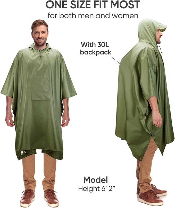 PTEROMY 3-in-1 Hooded Rain Poncho for Adult with Pocket, Waterproof Lightweight Unisex Raincoat for Hiking Camping Emergency