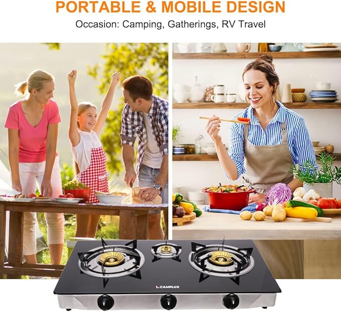Camplux Propane Gas Stove with 21,600BTU, 3 Burners Propane Stove, Tempered Glass Camping Cooking Stove