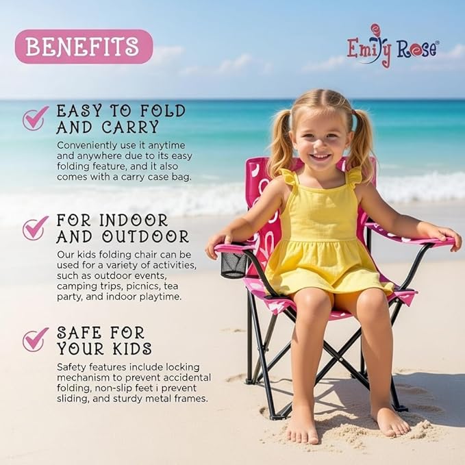 Emily Rose Kids Pink Folding Beach Camp Chair with Cup Holder Safety Lock & Carry Case - Toddler Girls Chair Ages 2-7 Indoor Outdoor Lightweight Portable - Floral Design 125lb Capacity