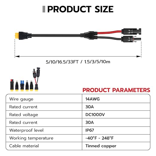 Solar Panel Connector Kit 6 in 1 Cable Solar Connector 14AWG Heavy-Duty Cable Weatherproof for RV Camping Portable Power Staion Generator DC5521 7909 8020 XT60 (16FT)