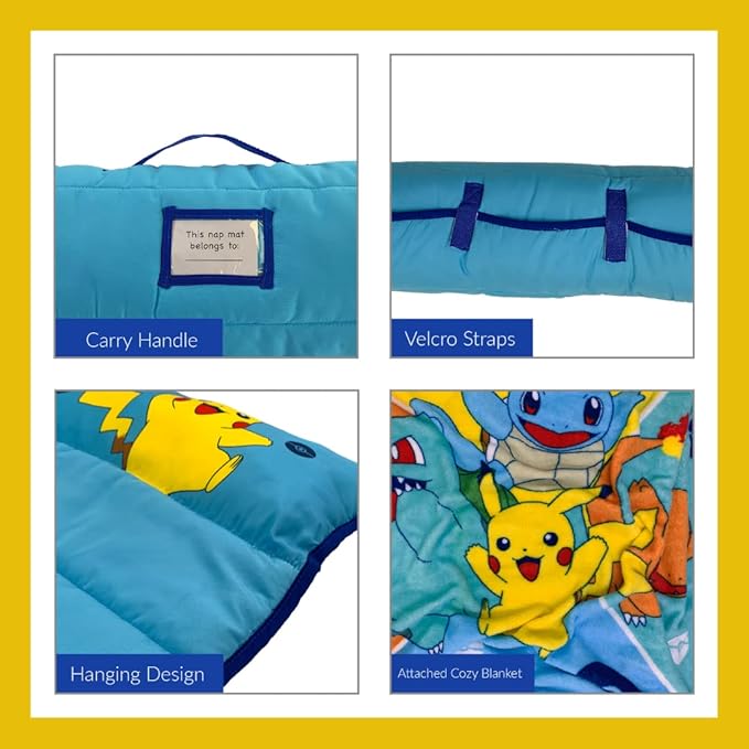 Pokémon Anime 24" X 45" Soft Toddler Nap Mat with Pillow and Blanket Perfect for Preschool, Daycare, and Travel (Official Licensed Product) by Franco