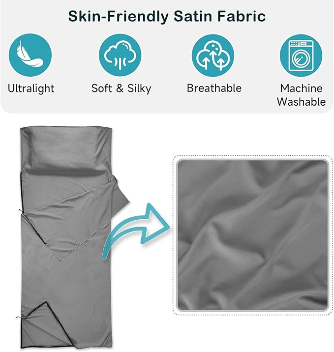 Sleeping Bag Liner, Ultralight Silky Satin Adult Sleep Sack & Self Tan Sleep Sack with Two-Way-Zipper, Single Camping Sheet & Travel Sheets for Hotel