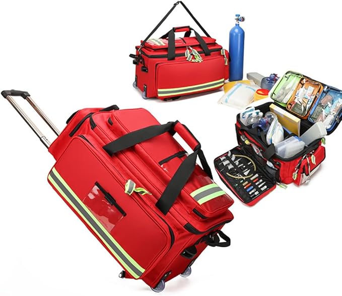Generic Portable Trolley First Aid Kit Bag with Wheels, Large Capacity Outdoor Emergency Medical Duffle Bag Empty,Medical Trolley Bag with Compartments Removable,Ideal for EMT, EMS, Paramedics, Red