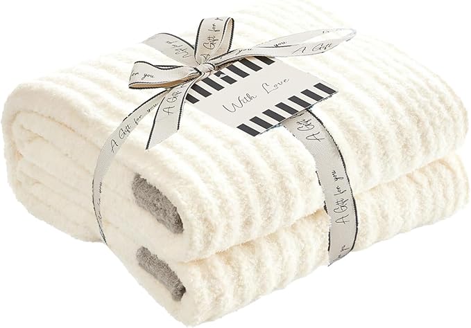 WRENSONGE Striped Throw Blanket, White Soft Cozy Fluffy Warm Hand Made Throw Blankets for Couch, Sofa, Chair, Bed, Camping, Picnic, Travel Lightweight Bed Blanket - 60"*80"