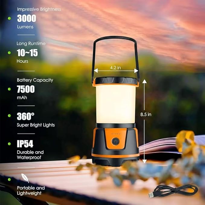Rechargeable LED Lantern - 3000 Lumens, 5 Light Modes, IP54 Waterproof, 7500mAh Battery, Portable Flashlight for Camping, Hiking, Power Outages & Emergencie (Orange)