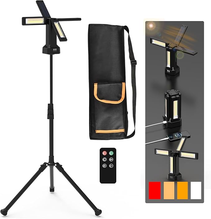 iodoo 13200mAh Rechargeable Solar Work Light with Folding Stand Support and Portable Carrying Bag, 8000 Lumen Stepless Dimmable, 4 Lighting Modes, White/Warm/Warm White (Black(Remote))